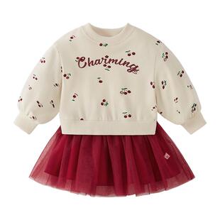 女童裙子春装儿童卫衣裙法式纱裙红色拜年服喜庆小宝宝连衣裙春秋