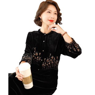 真丝丝绒时尚连衣裙2024秋季新款桑蚕丝中长款高端金丝绒衬衫裙子