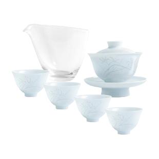 景德镇官方青白瓷釉下手绘家用送礼乔迁整套茶具盖碗茶杯功夫茶具
