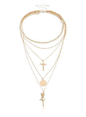 欧美跨境饰品 时尚十字架女王头像吊坠项链女 气质多层玫瑰花项饰