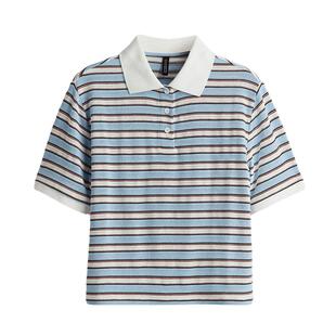 HM女装毛针织衫夏季细密针织翻领条纹短款Polo衫保暖上衣1296669