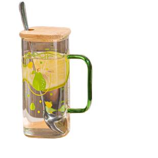 方形玻璃水杯ins吸管刻度杯家用耐热高颜值水果印花杯少女心礼物