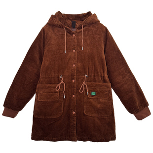 冬季中长款连帽条绒棉服女加厚抽绳大兜保暖外套时尚休闲妈妈装