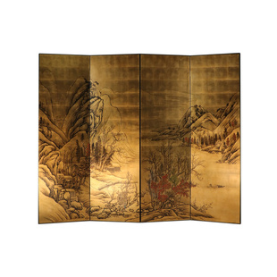 寂然 |中式山水画金箔屏风折屏宋代美学折叠客厅书房装饰隔断屏风