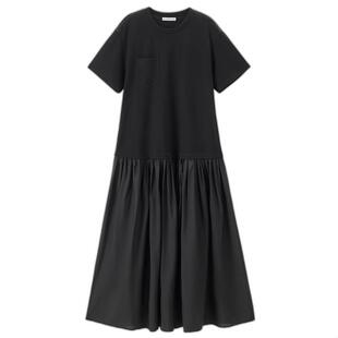 设计师款佐丹奴新款假两件拼接宽松圆领短袖黑色连衣裙女18465922