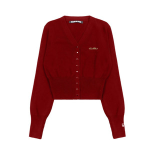 韩潮badblood红色V领针织开衫上衣时尚穿搭微标休闲风毛衣外套女