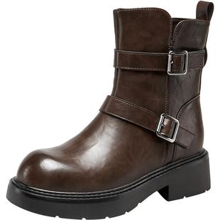 意尔康女鞋冬季女士加绒短筒粗跟西部靴美拉德复古皮带扣旅游皮靴