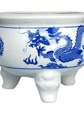 陶瓷景德镇青花龙纹三足香炉祭祖