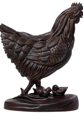 黑檀实木雕刻母鸡摆件客厅