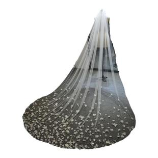 新娘婚礼梦幻花瓣珍珠头纱森系网红拍照道具3D立体花朵长拖尾头纱