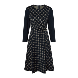 马天奴2025秋冬新款藏青色印花连衣裙子圆领长袖收腰气质时尚女装