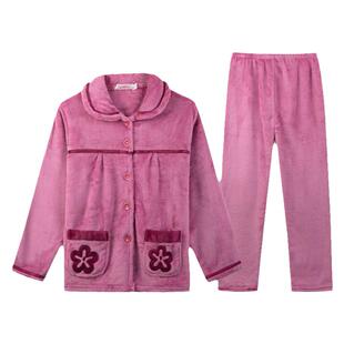 秋冬季珊瑚绒睡衣女冬加厚大码中老年妈妈装女士法兰绒家居服套装