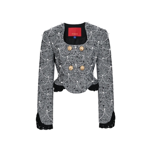 lefame拉飞姆中国风毛织花边珍珠装饰法式短外套