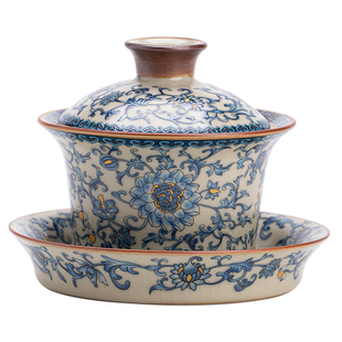 盖碗三才茶碗带盖茶杯泡茶三件套青花汝窑茶具大号泡茶碗单个高档