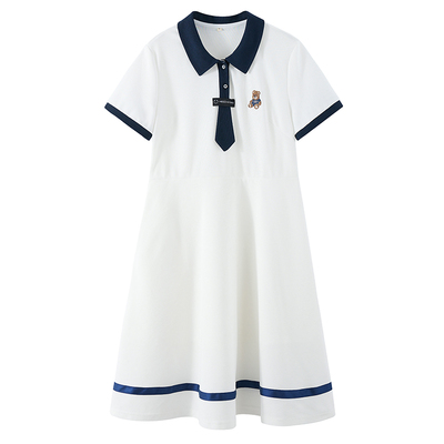 休闲风连衣裙POLO领宽松领带绣花