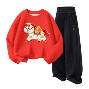 雅鹿儿童红色套装加绒加厚马年男孩新年战袍女童新中式喜庆两件套