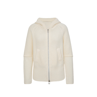 嫚渡|100%山羊绒|法式轻奢款连帽长袖拉链女款白色羊绒开衫外套