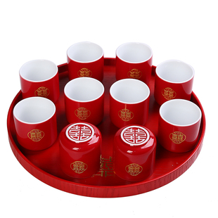 陶瓷单杯结婚茶具新娘敬茶杯功夫品茗杯描金红色双喜中式婚庆托盘