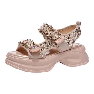 星期六厚底增高运动凉鞋女款新款夏季小香风魔术贴亮片沙滩鞋