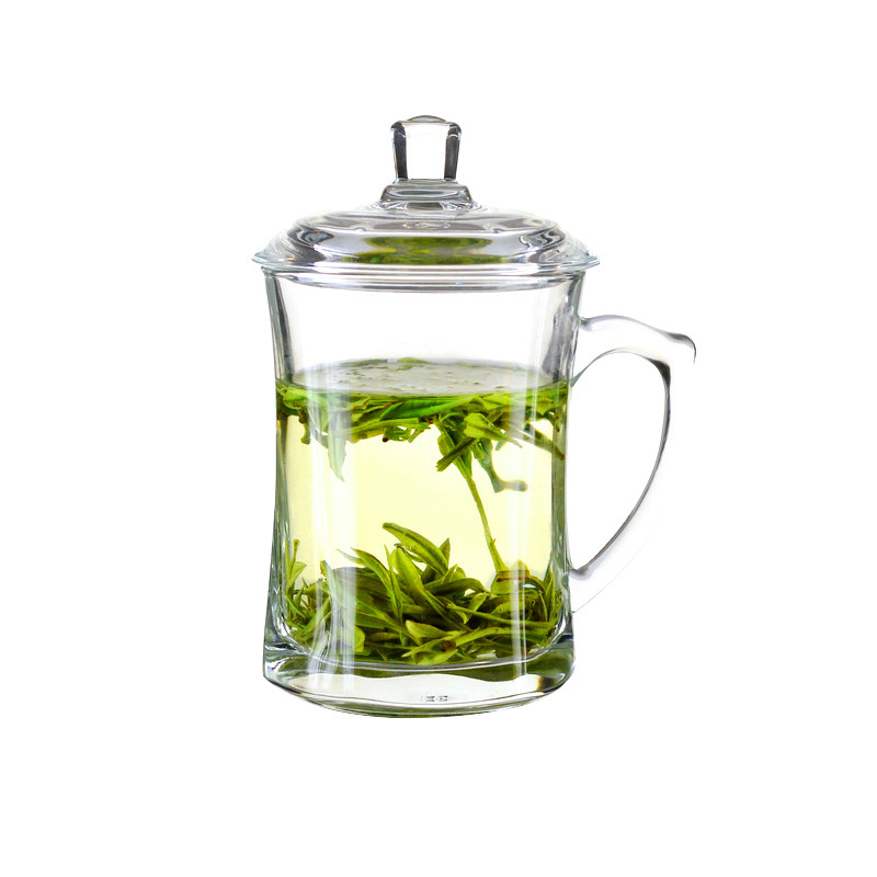青苹果玻璃茶杯 带盖茶饮杯 盖杯带把杯子 家用玻璃杯 绿茶水杯子