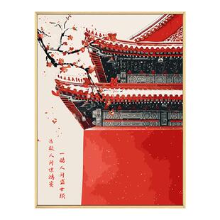 新中式红墙雪景数字油画diy填充填色手工绘故宫丙烯油彩画装饰画