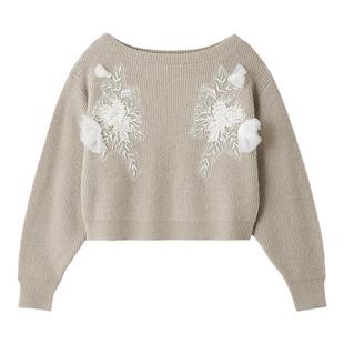 SNIDEL秋冬款船领钉珠刺绣薄纱花朵针织衫毛衣SWNT245095