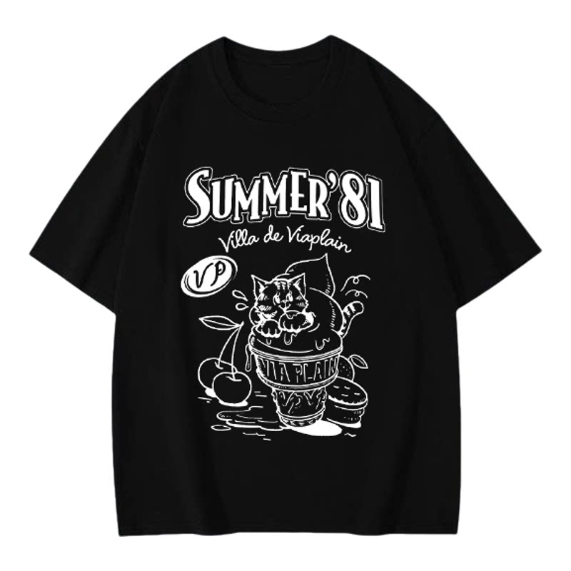 100%纯棉男女短袖t恤夏季爆款卡通猫咪冰淇淋印花情侣上衣半袖衫
