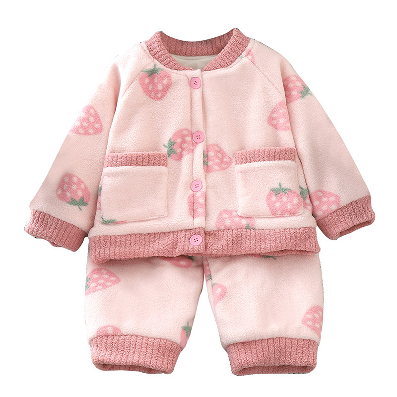 女童睡衣三层夹棉加厚秋冬季珊瑚家居服套装