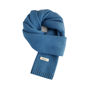 素单舍西蓝色100%纯羊毛针织围巾女男秋冬保暖百搭高级感情侣围脖