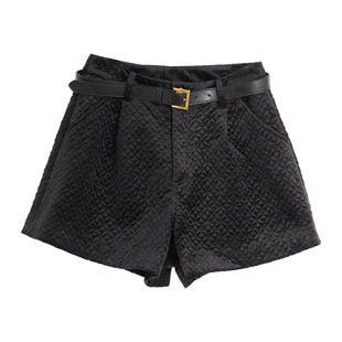 西町村屋短裤女冬新款设计感简约百搭丝绒绣花腰带裤子AD8313002