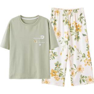 三枪夏季纯棉睡衣女圆领护膝七分裤甜美睡衣女田园风超柔软家居服