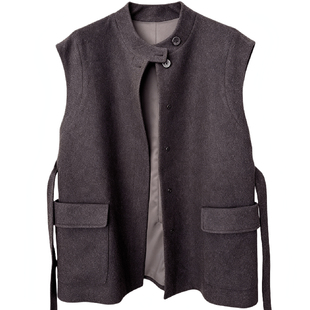 高级大气~显瘦~20%羊绒~立领系腰带收腰中长款马甲女一手长外套