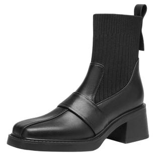 星期六高跟小短靴女秋冬弹力袜靴2025新款方头瘦瘦靴加绒马丁靴子