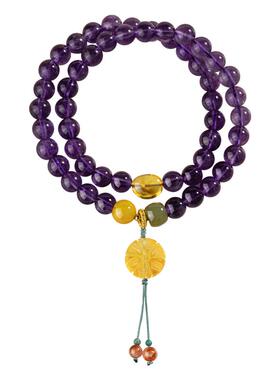 五台山天然紫水晶和田玉琥珀手串