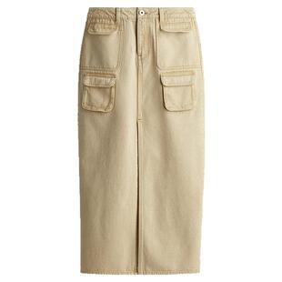 HM女装半身裙冬季牛仔布宽松自然腰高开叉A字长裙1230524