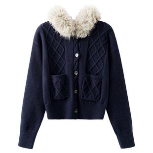 夕蒙2025新款冬季韩系设计感小个子软糯慵懒小众藏蓝毛领开衫毛衣