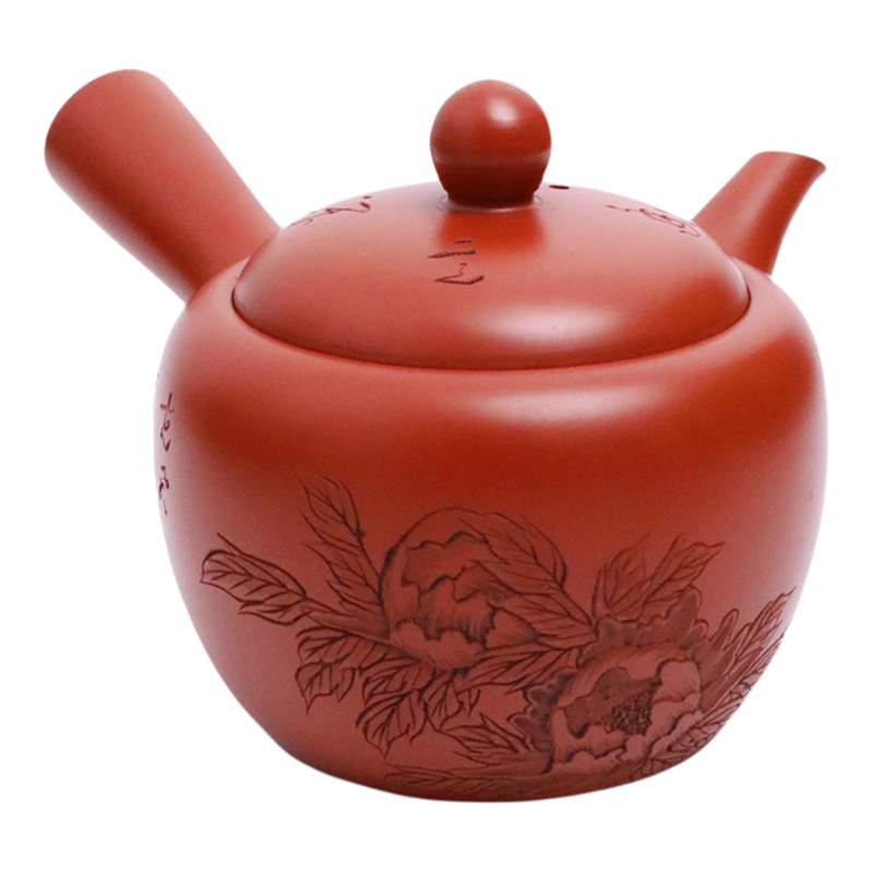 日本常滑烧玉泉作白道雕朱泥牡丹320ml纯手工日式紫砂侧把陶茶壶