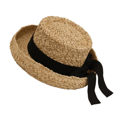 草帽法式风卷边手工编织拉菲纸草