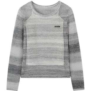 爱居兔渐变灰镂空针织衫女春秋新款慵懒风时髦凉爽纱线上衣