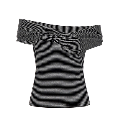 韩系穿搭气质条纹一字肩短袖T恤