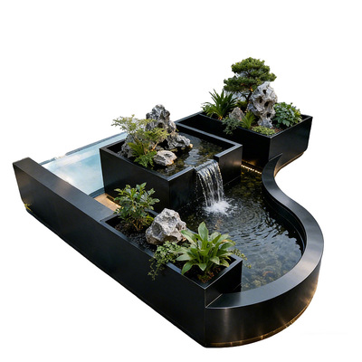 黑院石溪不锈钢鱼缸花箱室外庭院露台鱼池瀑布喷泉流水摆件阳台