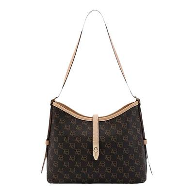 百丽复古通勤老花水桶包托特包