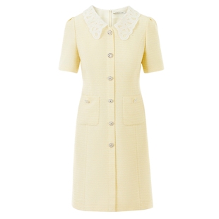 LIME莱茵小香风纯色A字连衣裙春夏新款翻领收腰柠檬黄裙子