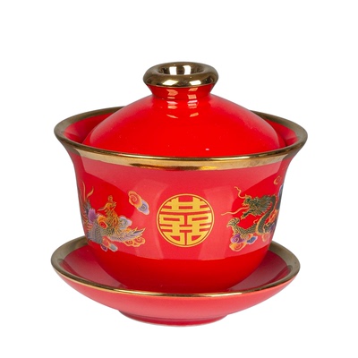 大红色龙凤结婚金边喜碗筷套装娘家陪嫁婚礼新人改口一对敬茶杯