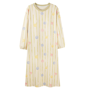 秋冬新款纯棉圆领简约女士长袖宽松睡裙家居服连衣裙甜美春中长款