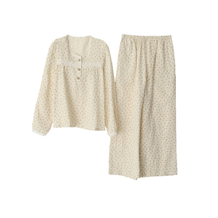 田园小碎花蕾丝套头睡衣女生纯棉纱收口长袖直筒长裤休闲家居服薄