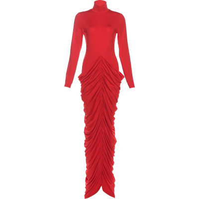 不规则抽褶设计修身长袖连衣裙女