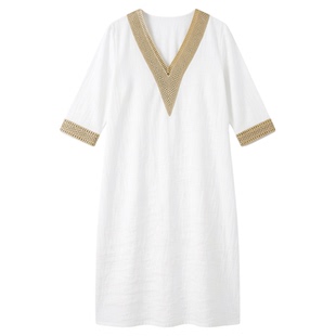 Solid V-neck medium sleeved dress for women纯色V领中袖连衣裙