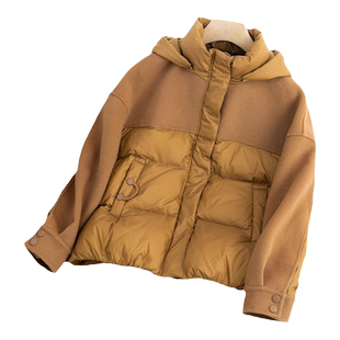 乔妮塔品牌女装2025冬新款90白鸭绒羊毛呢拼接连帽短款羽绒服外套