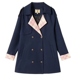 织物猪 英伦学院 藏青色jk制服外套女秋冬小个子格纹撞色翻领上衣